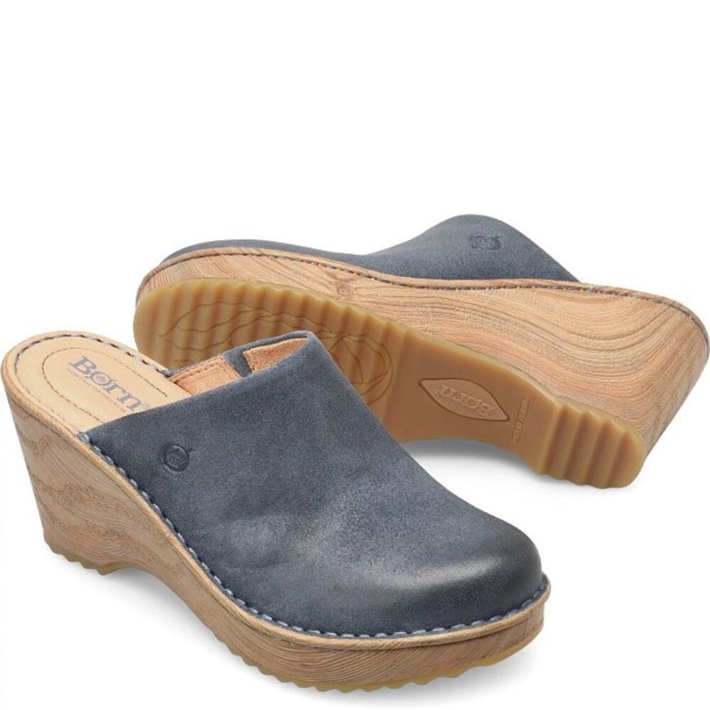 Born Natalie Distressed Suede Leather Wedge Clogs Blue Women’s 10